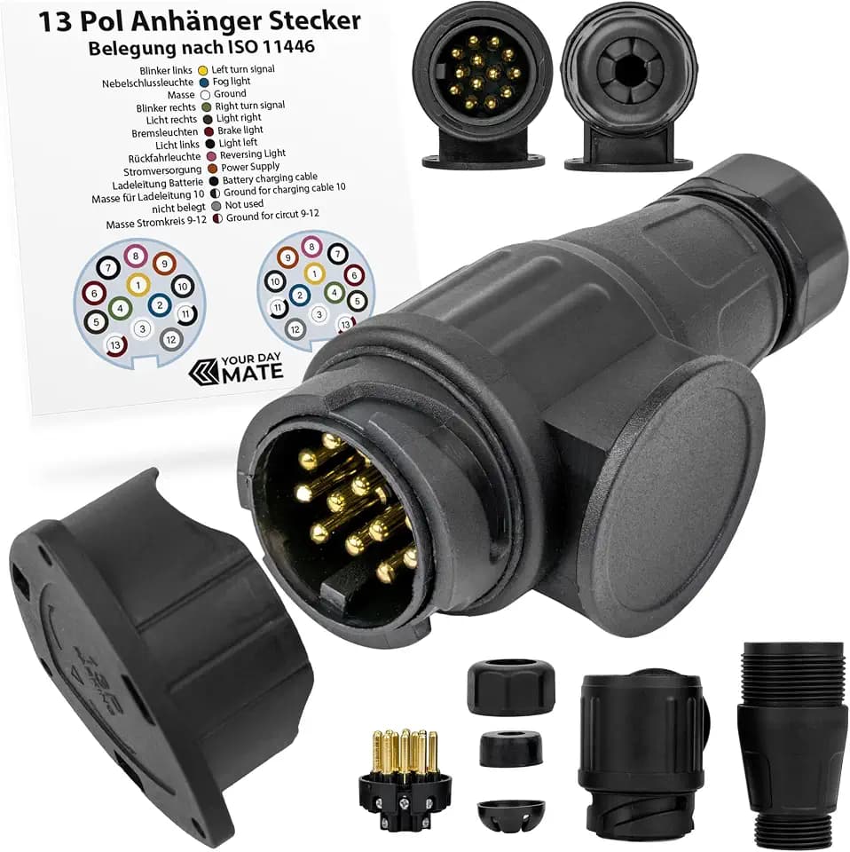 13 poliger Anhänger Stecker, Set mit Parking Cover, 13 pol Stecker nach ISO 11446 genormt, AHK Verbinder für 12 V Systeme, 13 Pin Hängerstecker, 13pol Stecker für 13 pol Steckdose, 7-13pin Adapter