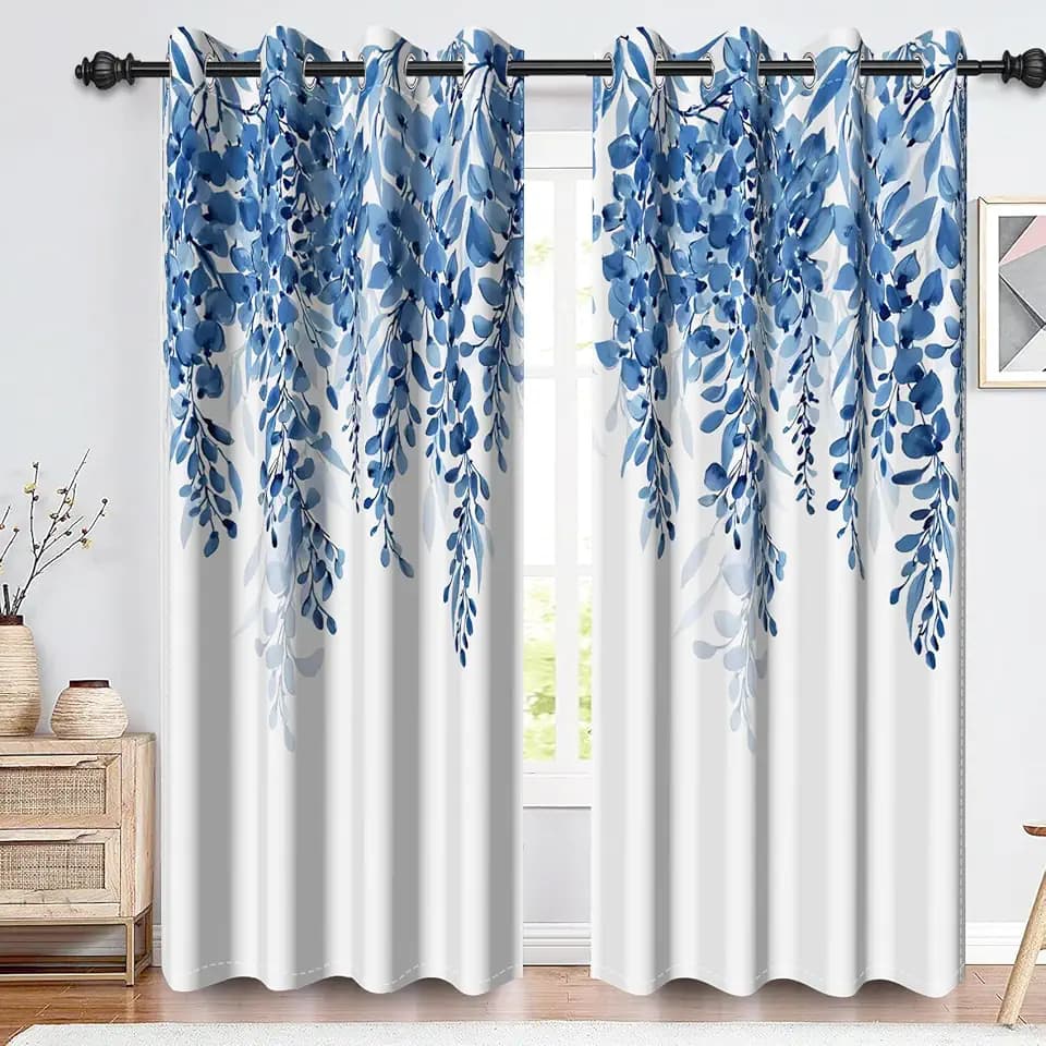 42x84 Inch Blue Leaves Blackout Curtains for Bedroom Sage Leaf Curtain