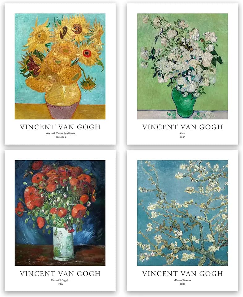 EVOLE HOME Van Gogh Floral Wall Art Set of 4, 11x14 Unframed Giclee Prints, Almond Blossom, Sunflowers, Roses, Poppies, Cottage Decor