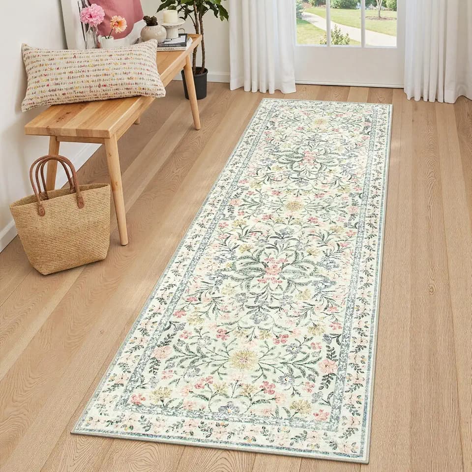 Lahome Washable Runner Rug 2x6, Beige Boho Bathroom Rugs Non Slip