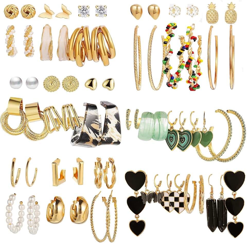 34 Pairs Gold Hoop Earrings Set for Women, Fashion Drop Dangle Packs Black Hearts Multipack Hypoallergenic for Valentine's Day Gifts