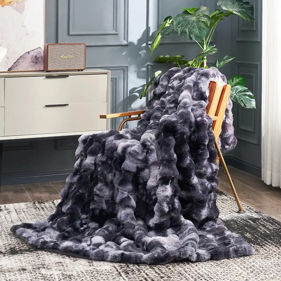Cozy Bliss Faux Fur Throw Blanket for Couch, Tie Dye Black, 50 * 60 Inches