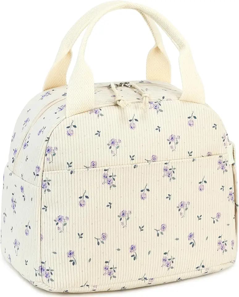 LEDAOU Kids Lunch Bag for Girls, Insulated School Lunch Box, Lightweight (Corduroy purple flowers)
