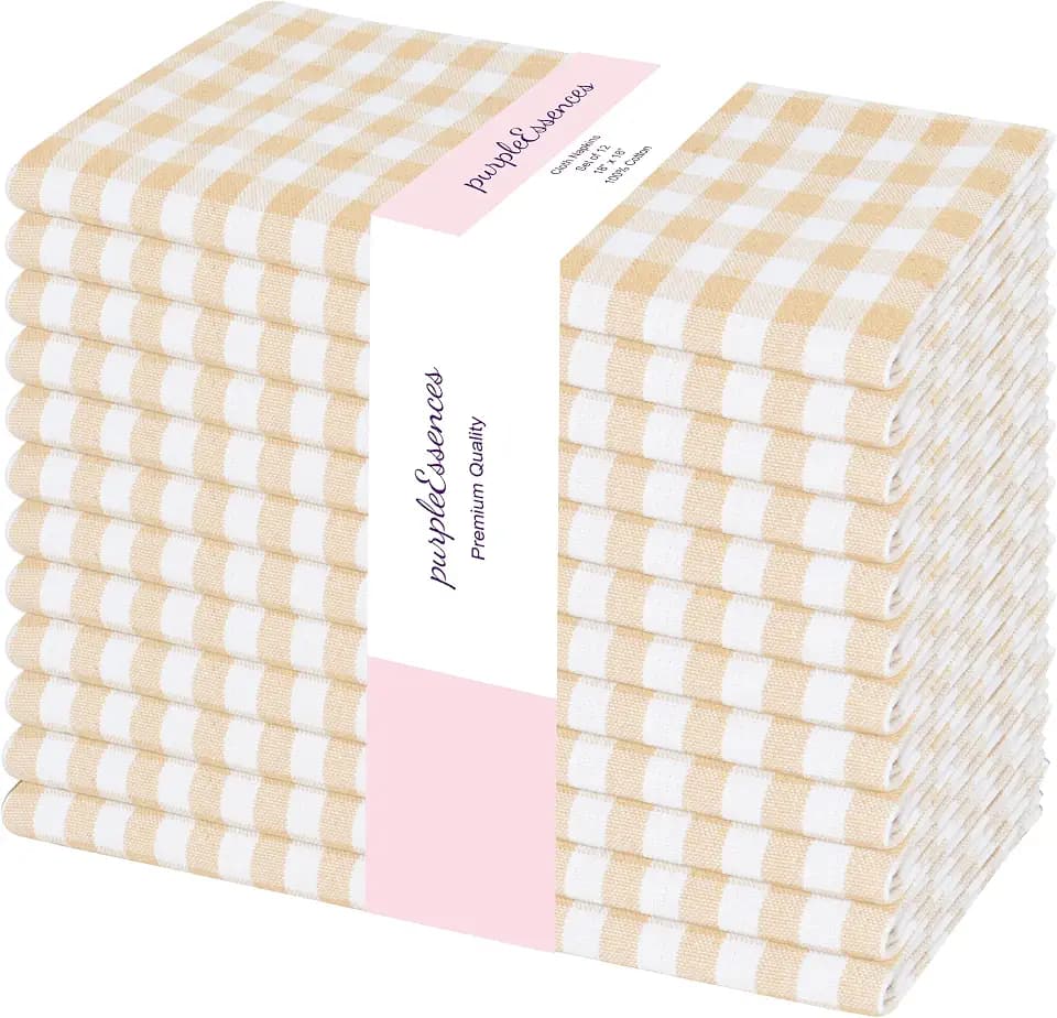 PurpleEssences Mini Gingham Check Napkin Cotton 18x18 in - Beige White
