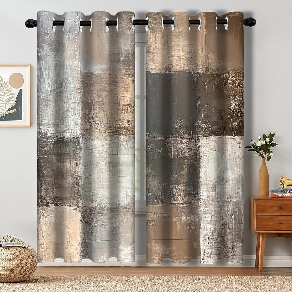 Brown Grey Abstract Blackout Curtain, Rustic Farmhouse Acrylic Aesthetic Unique Vintage Window Curtains Living Room Bedroom Decor Darkening Window Drapes Treatments, 2 Panels 52x96 Inch