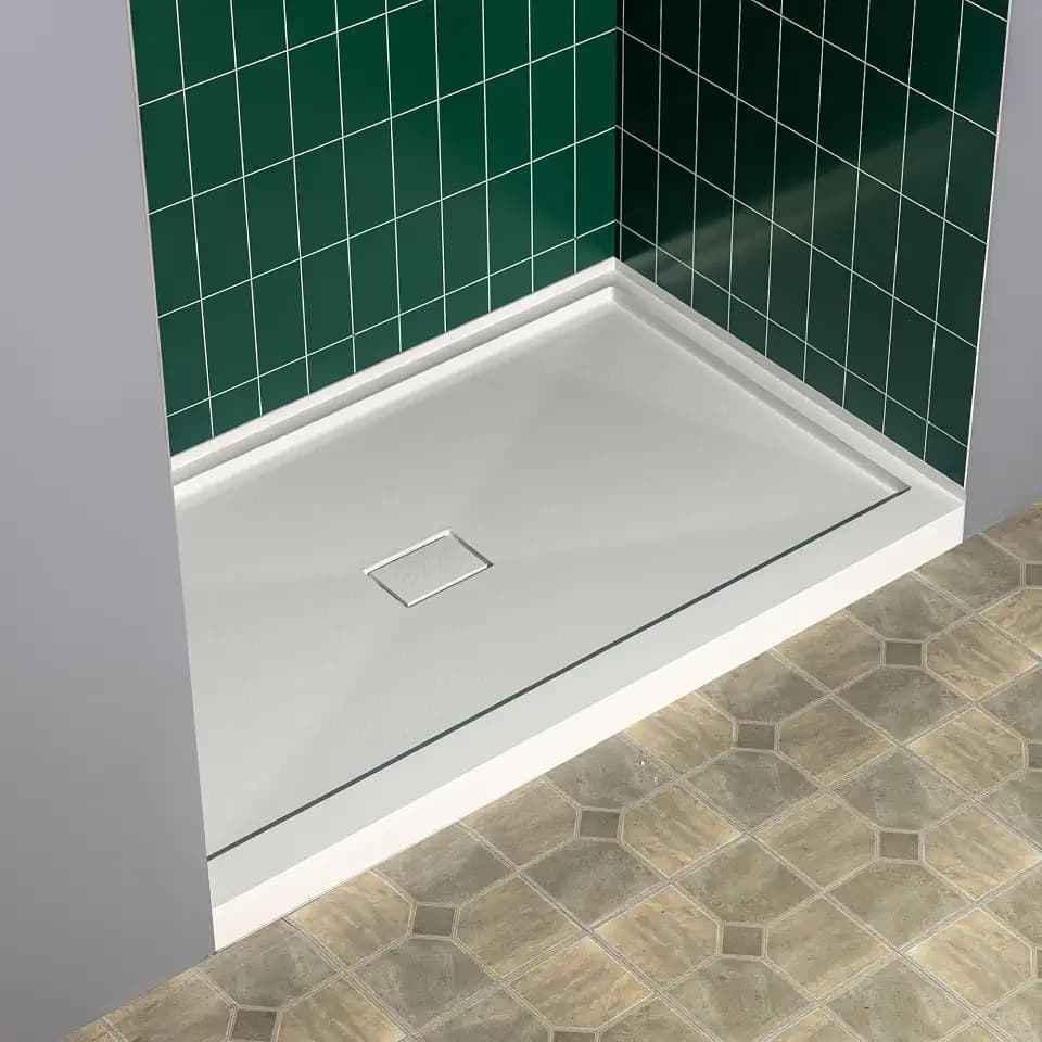 WOODBRIDGE 48" x 36" Solid Surface Shower Base in White with Center Drain,Single Threshold,Slip-Resistant Shower Pan for Alcove Installation