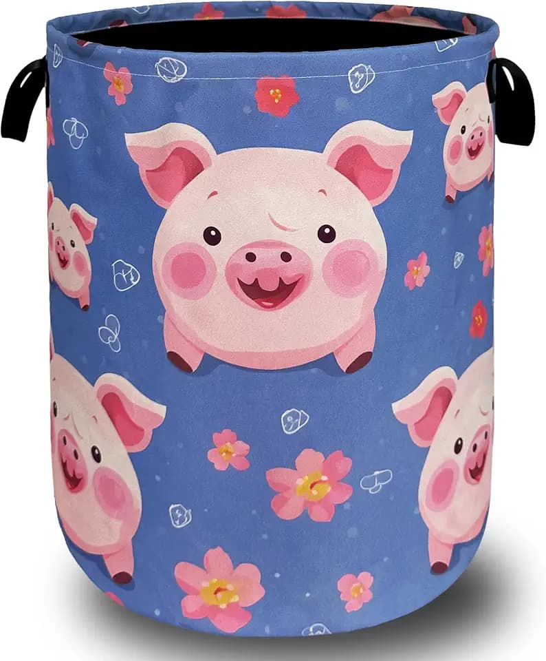 Cute Pig Laundry Basket Oxford Cloth Foldable Hamper 18.9x16.5 Inch