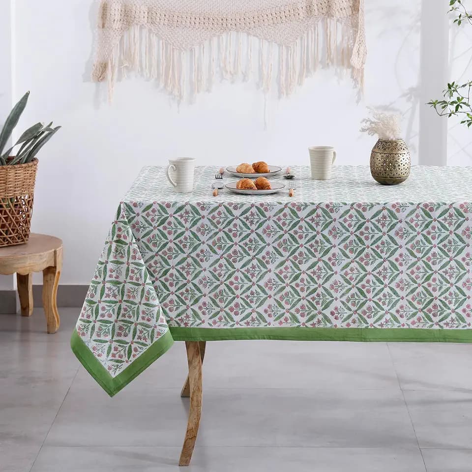 Labhanshi Green & Pink Block Print Tablecloth, 72x135 in, 10-Seater