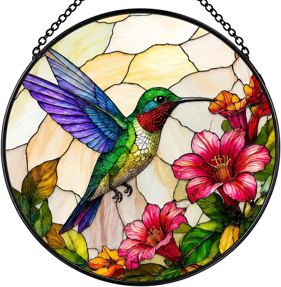 Hummingbird Suncatcher Stained Glass Window Hanging Decor, Sun Catcher Hummingbird Gifts for Mom Dad Grandma Grandpa Friend Birds Lovers, Christmas Anniversary Birthday Gifts for Women Men