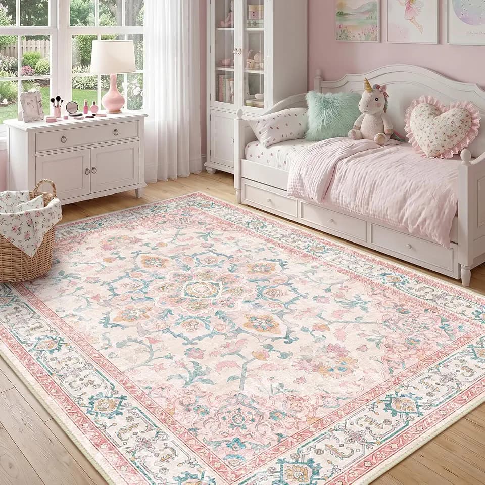 CAPALOCA 5x8 Washable Nursery Girls Low Pile Area Rug Pink Teal