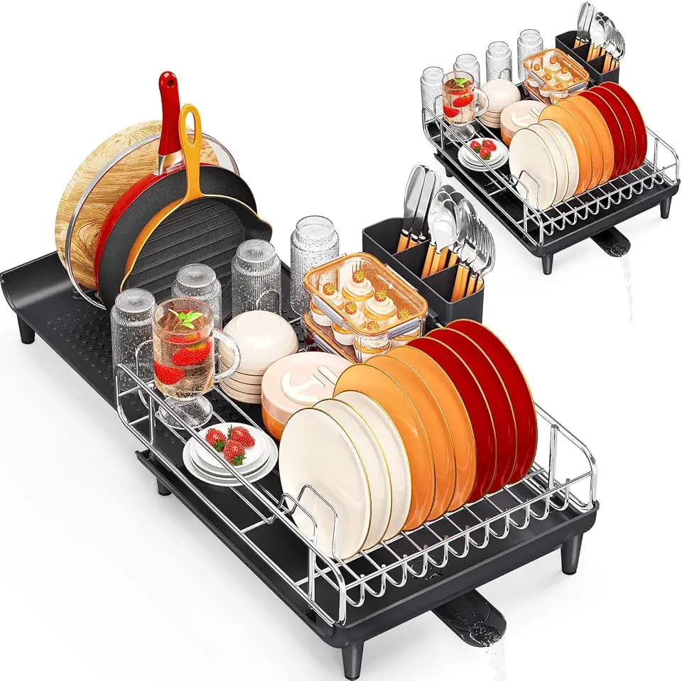 TOOLF Expandable Dish Drying Rack for Kitchen Counter, Black