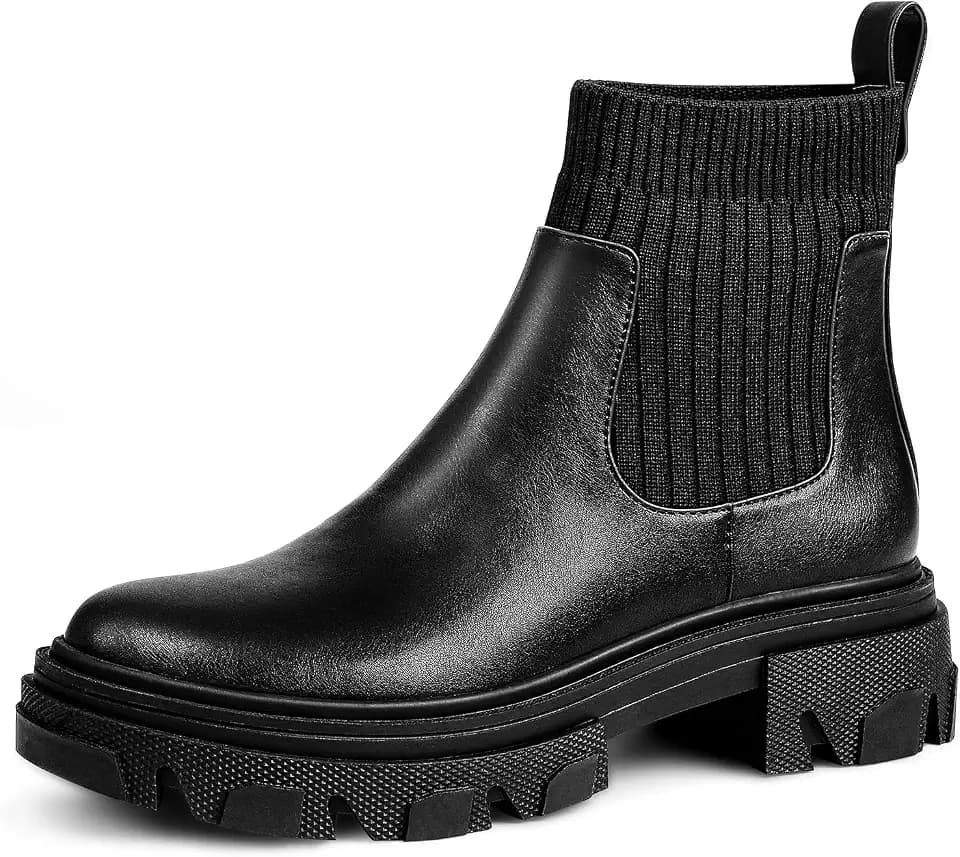 PIZZ ANNU Women's ClEARY Fashion Chelsea Boots Platform Lug Sole Combat Casual Elastic Chunky Heel Slip on Ankle Booties Shoes, Black 9.5
