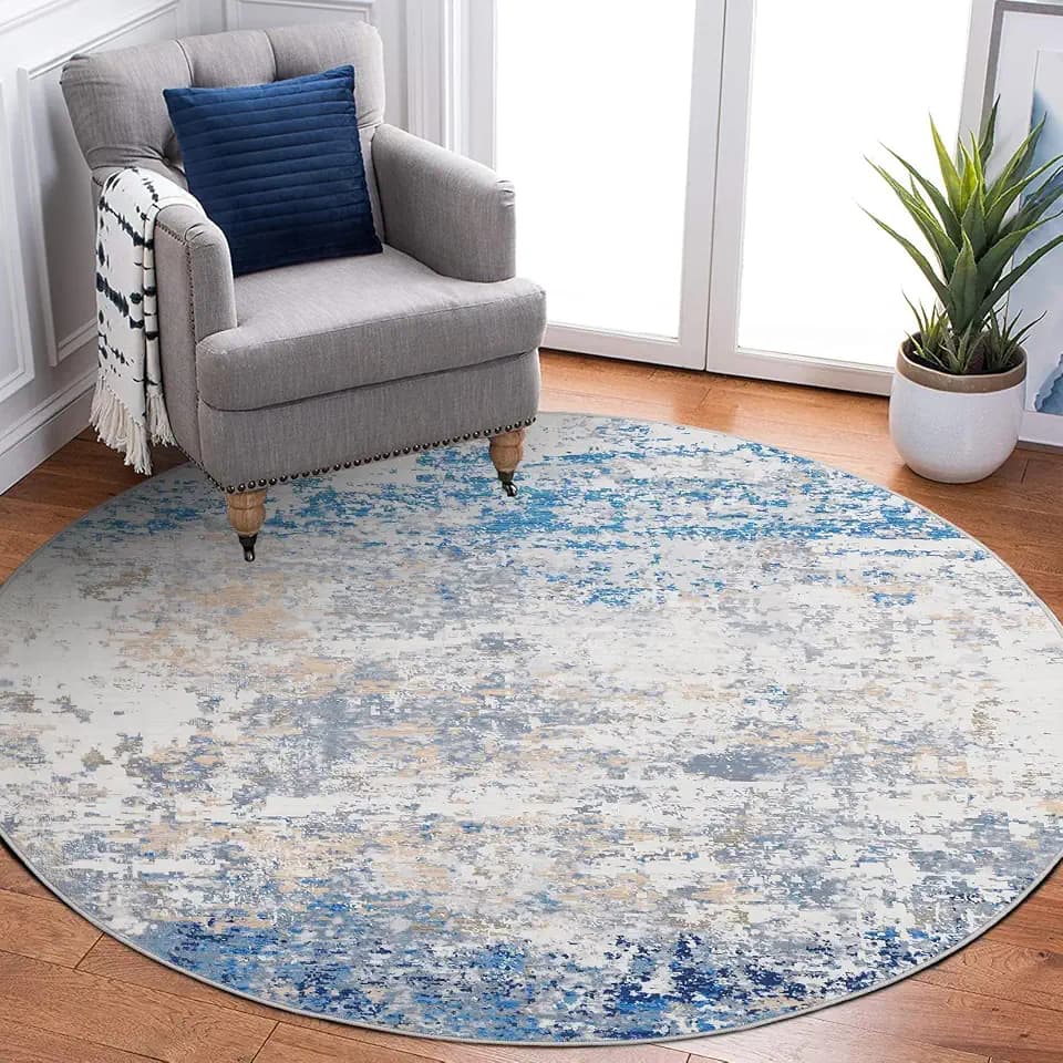 ROYHOME Modern Abstract 6x6 Round Area Rug Non Slip, Blue/Grey