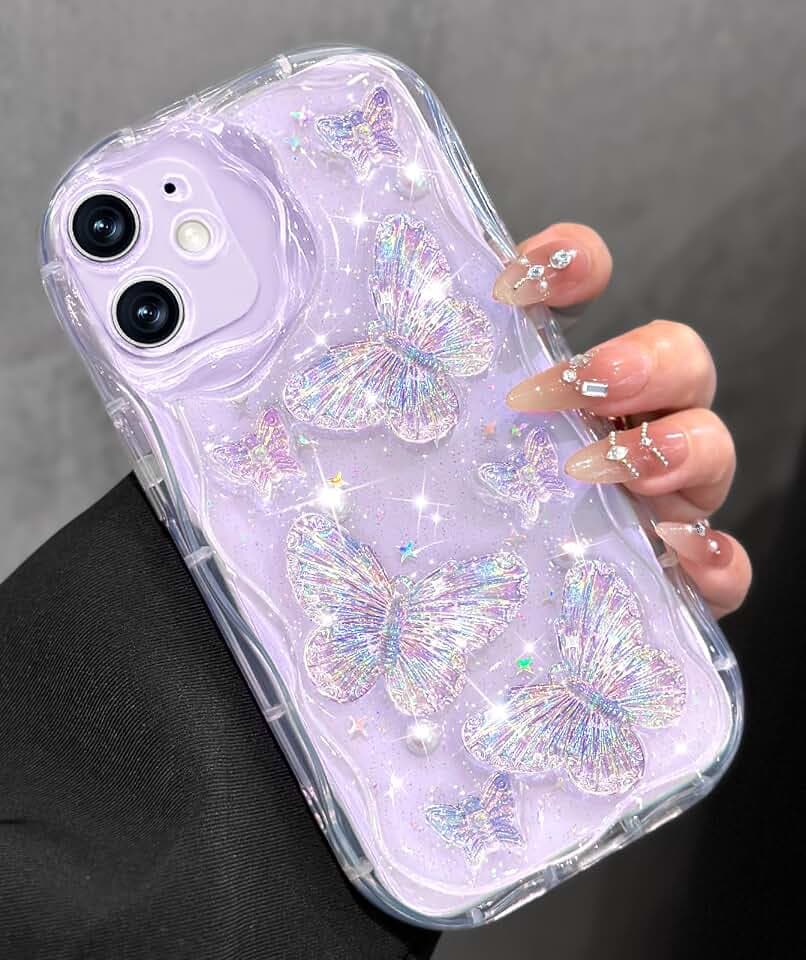 Toycamp for iPhone 12 Mini Case Cute - Women Girly Girls Glitter Phone Cover 12Mini Kawaii Sparkle Bling Shine Aesthetic Pretty Unique Wave Design Funda for Apple 12 Mini, Clear Butterfly