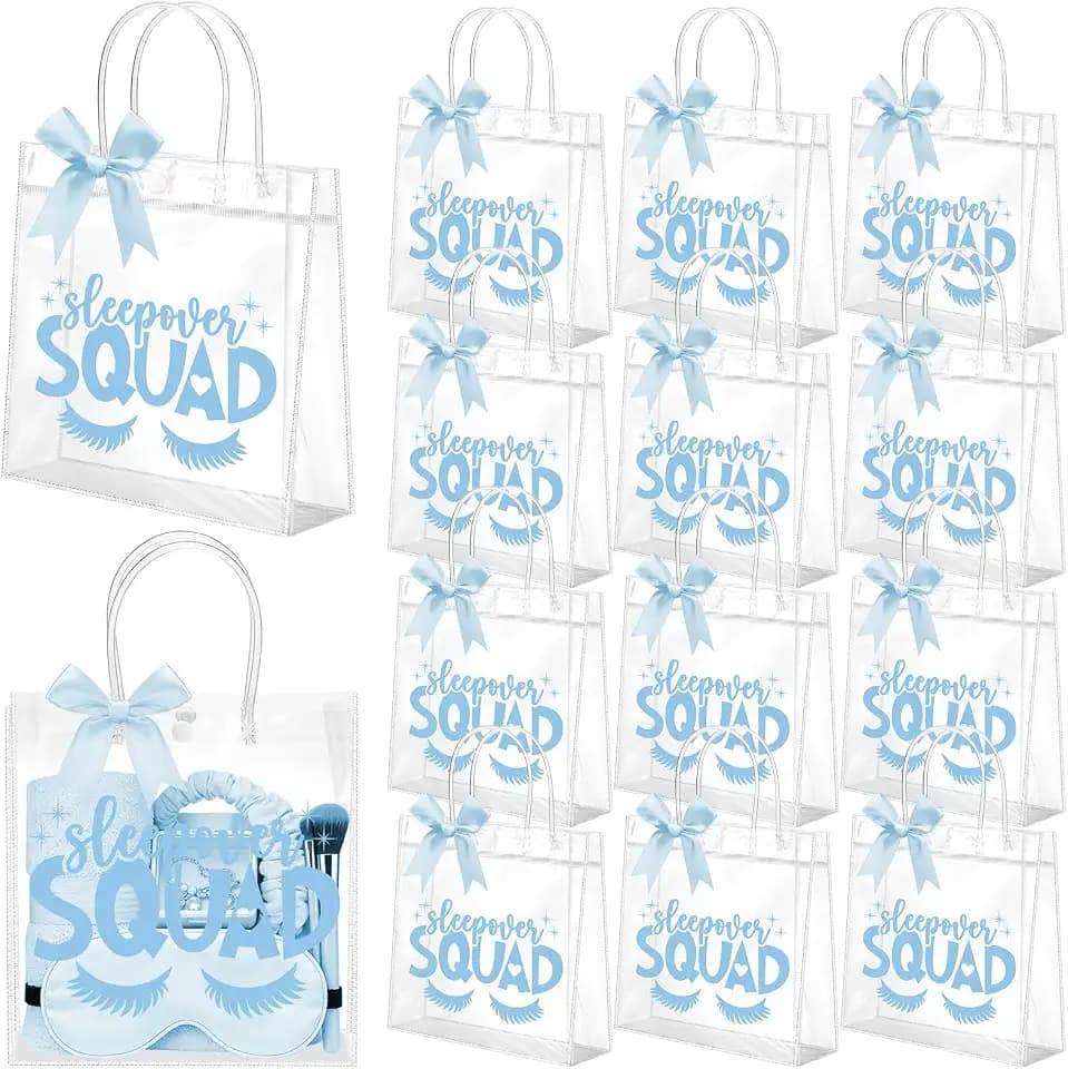 Vicenpal 12 Sets Clear Sleepover Gift Bag with Handles 12 Pcs Blue Bows PVC