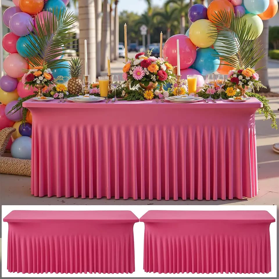 NSSONBEN 2 pk Hot Pink Spandex Tablecloth for 6 Foot Rectangle Tables, Wrinkle Free Fitted Spandex Table Covers 6ft Stretch Table Cloths with Ruffle Skirt for Parties Weddings Banquet Baby Shower