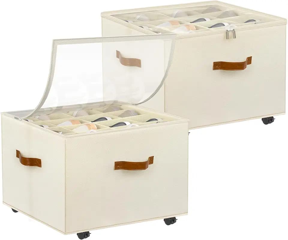 Foyego 2 Pack Shoe Organizer for Closet, Shoe Storage with Wheels, Beige