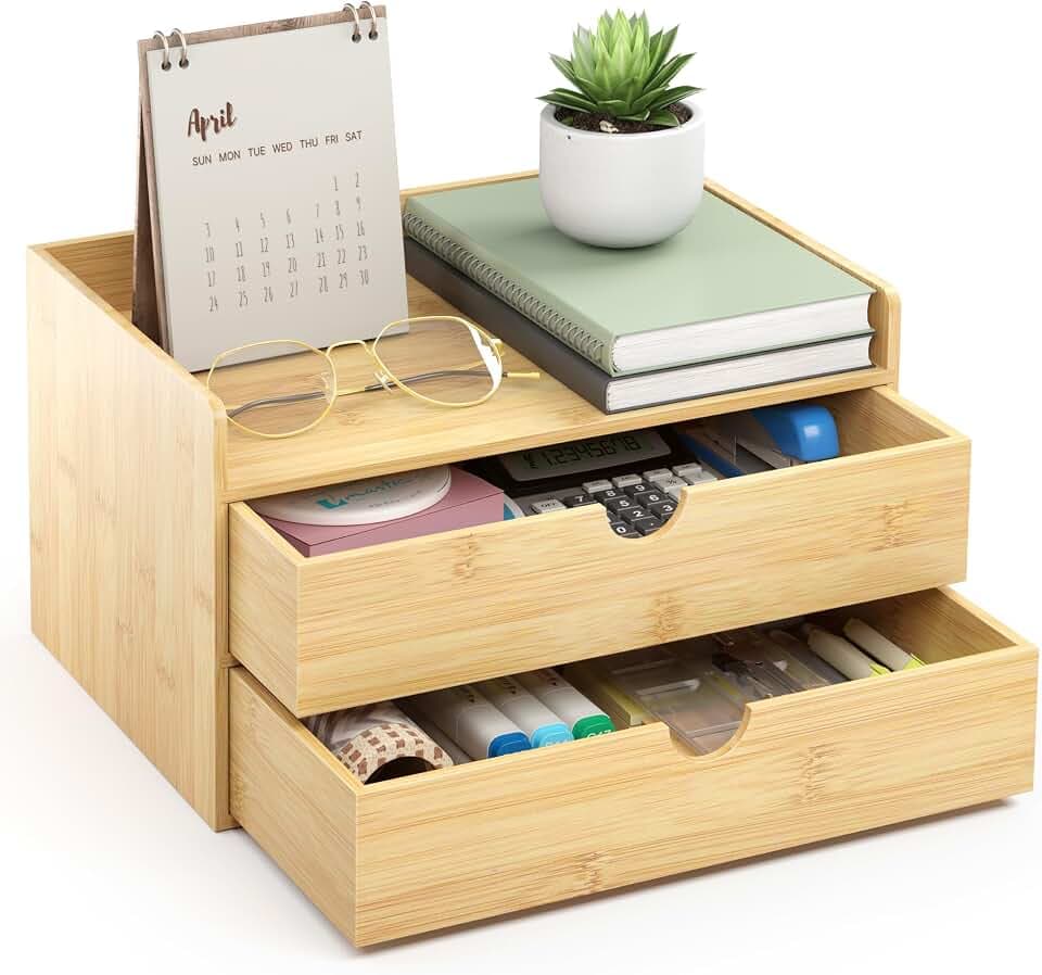 Bamboo Desk Organizer wtih Drawers Mini Desktop Drawer Tabletop Storage