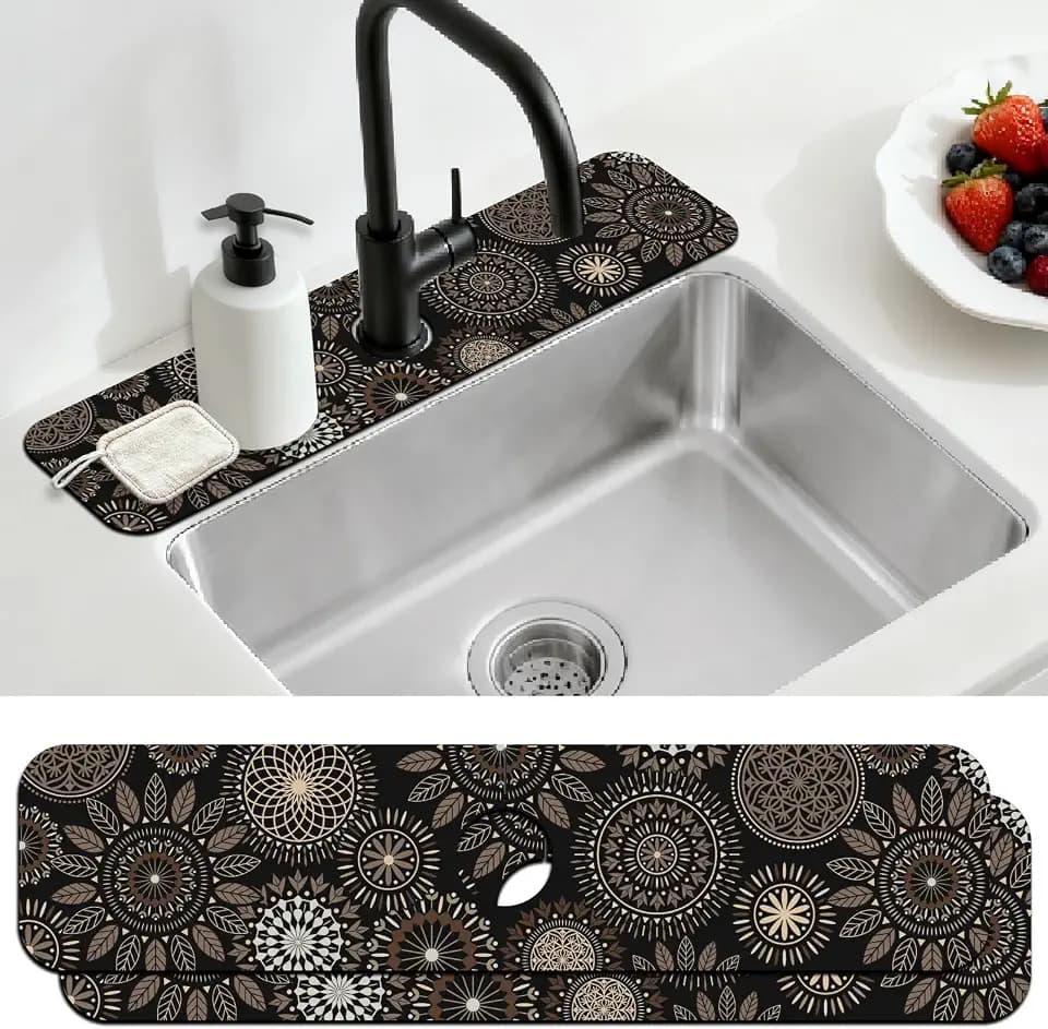 2 Pcs Kitchen Sink Splash Guard Faucet Mat Mandala Pattern Faucet Mat for Sinks Leaves Absorbing Drying Mat for Kitchen Bathroom, 23.6x5.5inch