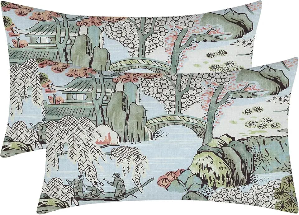 Chinoiserie Pillow Covers 12x20 Inch Set of 2, Asian Scenic Coral Green Blue Throw Pillows Farmhouse Chinoiserie Decorative Pillowcase Linen Cushion Cover for Home Sofa Bedroom Outdoor