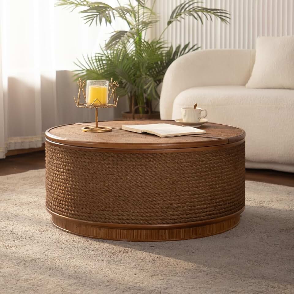 GDFStudio 31.5" Round Rattan Flip Top Coffee Table with Hidden Storage, Boho Coffee Table with Handwoven Rope Trim, Wooden Center Table for Living Room Small Space Tea Table, No Assembly, Natural Wood