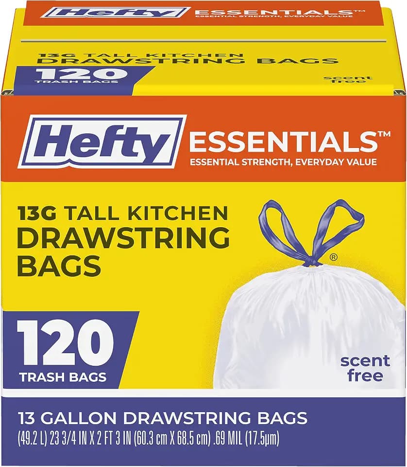 Hefty Essentials 13 Gallon Kitchen Trash Bags, White, Unscented, 120ct