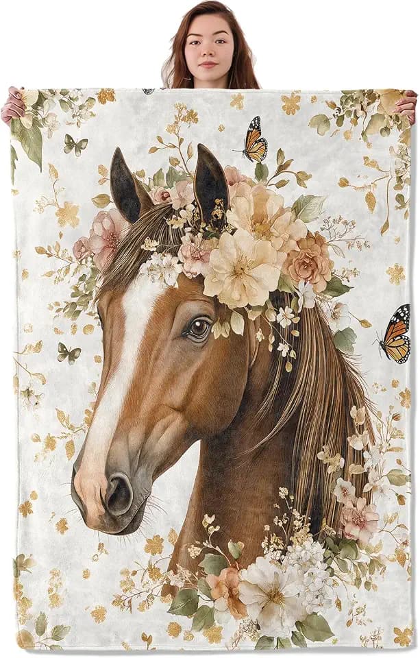 Pretty Floral Horse Blanket, Soft Warm Cozy Vintage Animal Throw Blanket Gifts for Adults Kids Women, Lightweight Fuzzy Comfy Flannel Blankets for Couch, Travel, Bed, House Decor 60×50 Inch