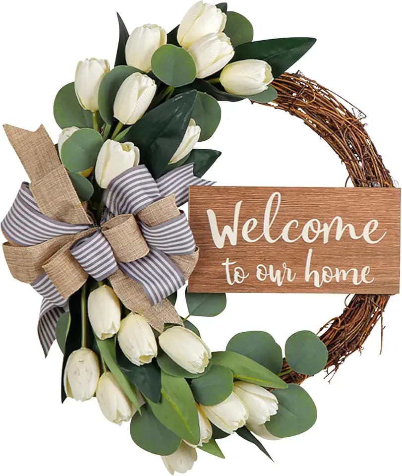 15 Inches Artificial Tulips Bowknot Wreath with Welcome Sign for Front Door Green Leaf Wreath Spring Summer Wreaths for Home Wall Wedding Festival Farmhouse Porch