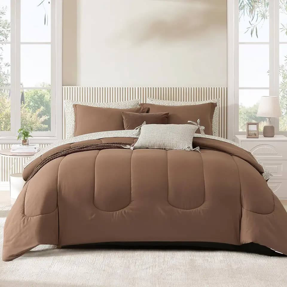 Queen Comforter Set-7 Pieces Fawn Brown Bed in a Bag Queen Bedding Sets
