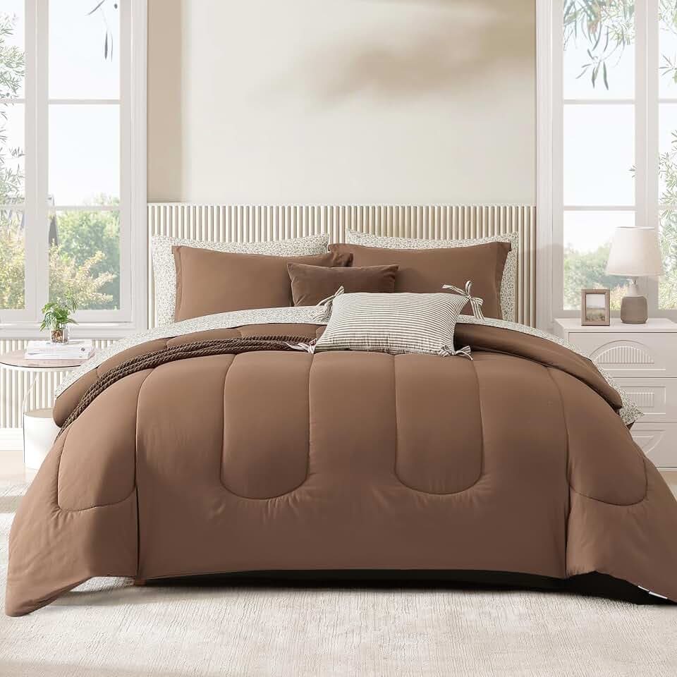 King Size Comforter Set-7 Pieces Fawn Brown Bed in a Bag King Bedding Sets
