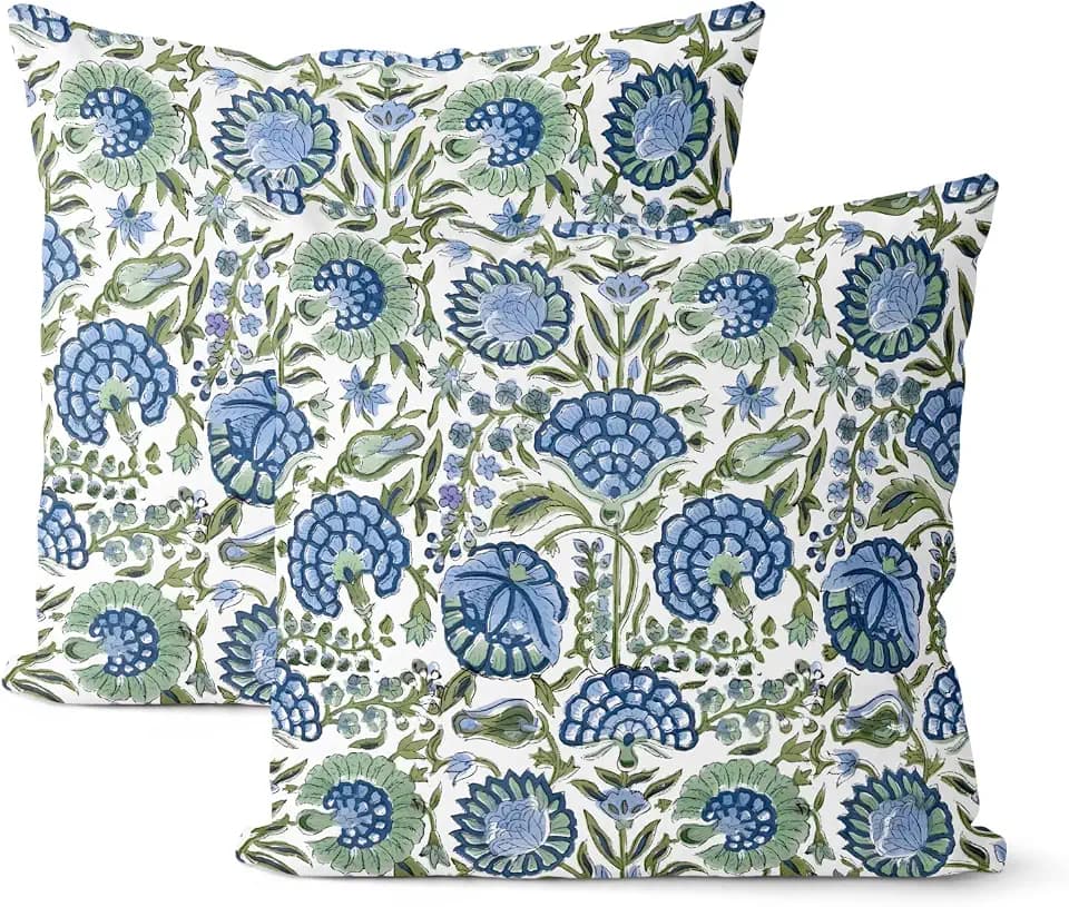 Boho Navy Blue Pillow Covers 22x22 Inch 2 Pcs Sage Green Vintage Floral Decor Throw Pillows Spring Flower Summer Outdoor Farmhouse Decoration Pillowcase Cushion Cover for Couch Sofa Bed