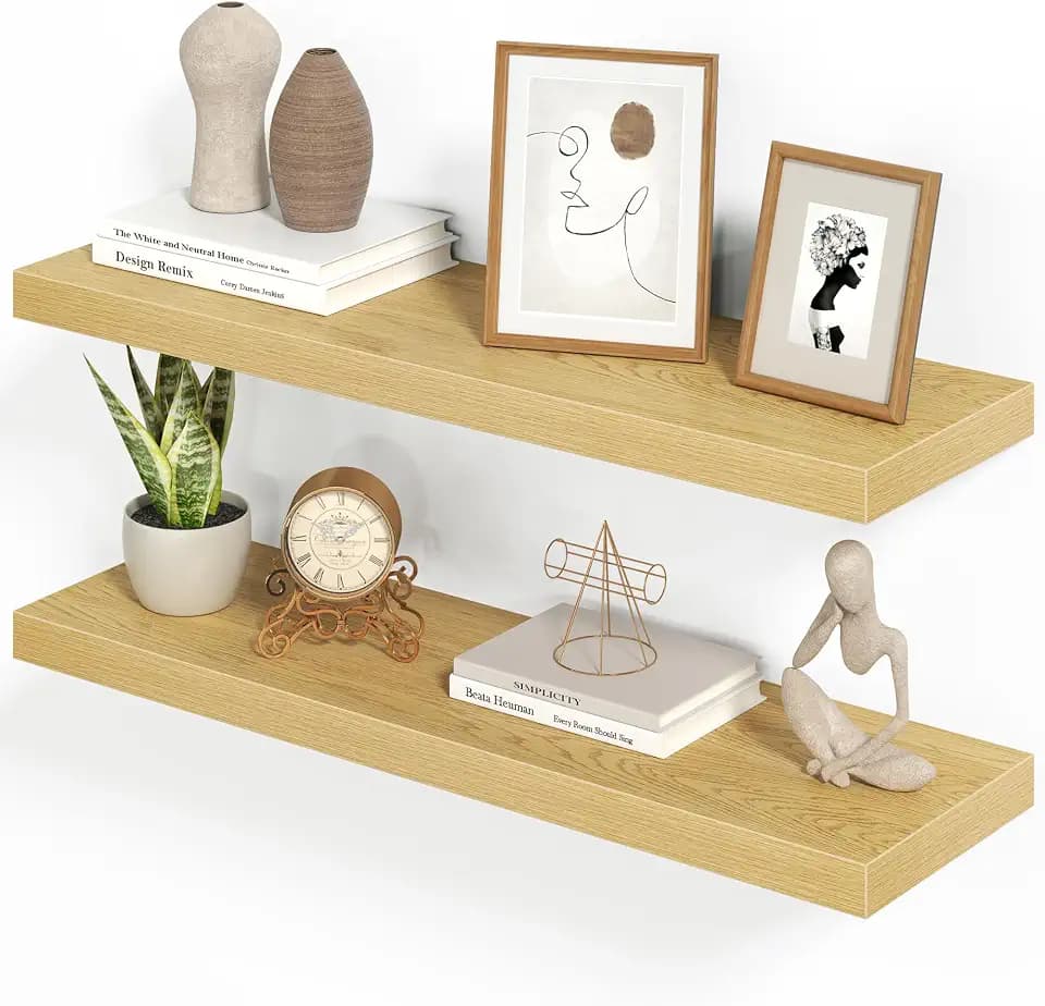 Heimlove 32 Inch Floating Shelves for Wall,Oak 9.3" Deep Floating Shelf Set of 2,Wall Mounted Shelves for Bathroom Bedroom Living Room Kitchen Office,Shelf for Books Storage Room,Home Decor