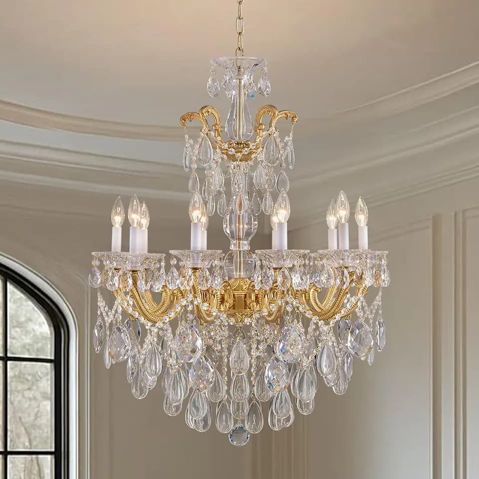 29.5" K9 Crystal Chandelier, 10-Light Modern Brass Pendant Light