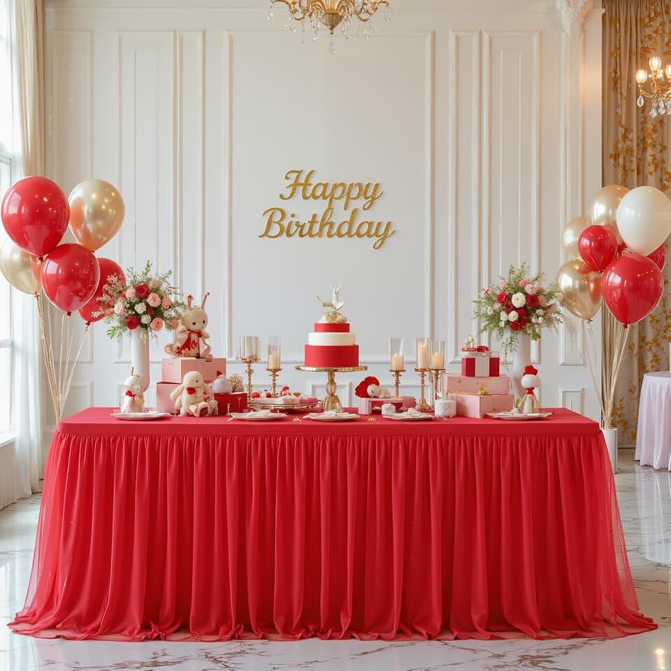 Red Tablecloth Rectangle 6 Foot Fitted Stretch Elastic Tulle Ruffle Tablecloths Rectangular Spandex Table Covers 6ft Birthday Baby Shower Wedding Party Table Cloths with Skirt