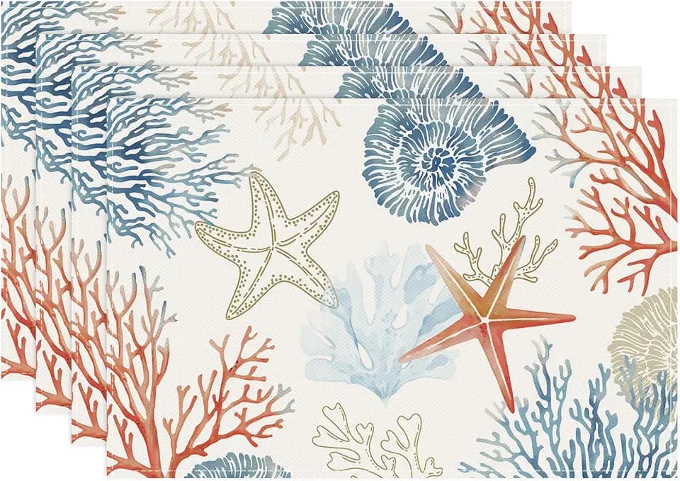 Bonhause Nautical Coastal Placemats Set of 4, 12x18 Inch Ocean Themed Starfish Coral Beach Kitchen Dining Table Mats Washable Place Mats for Indoor Outdoor Home Party Decor