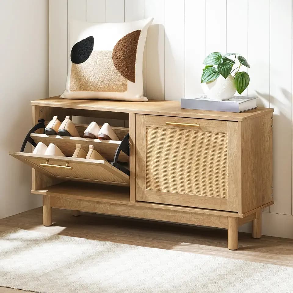 HOOBRO Shoe Storage Bench, Rattan Entryway Bench with 2 Flip Drawers