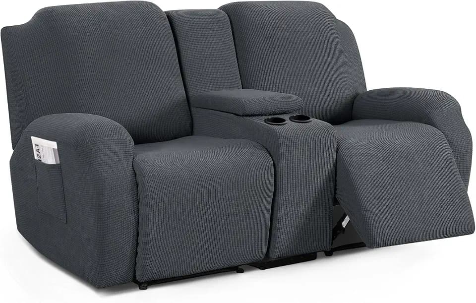 TAOCOCO Loveseat Recliner Cover with Middle Console, Stretch Loveseat Cover for 2 Seat Recliner Couch, Jacquard Reclining Sofa Covers Loveseat Slipcover Furniture Protector, Charcoal Grey