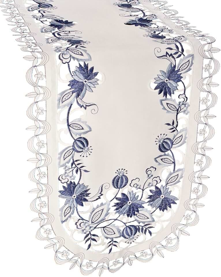 Embroidered Delft Blue Onion Flower Table Runner, Dresser Scarf, Doily (15Wx54L)