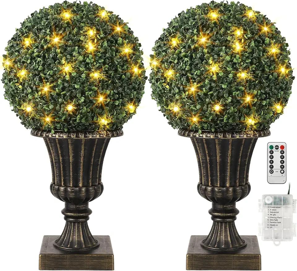 Takywep 16'' Pre-Lit Topiary Balls with Durable Pot Base (2-Pack), Boxwood Balls with 40 LED, 8 Lighting Modes, Battery Operated for Backyard Wedding Holiday Decor, Gold
