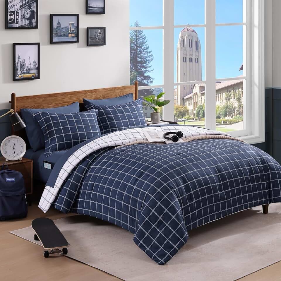 Plaid Full Size Comforter Set Dark Blue 7 Pieces Reversible Bed in a Bag