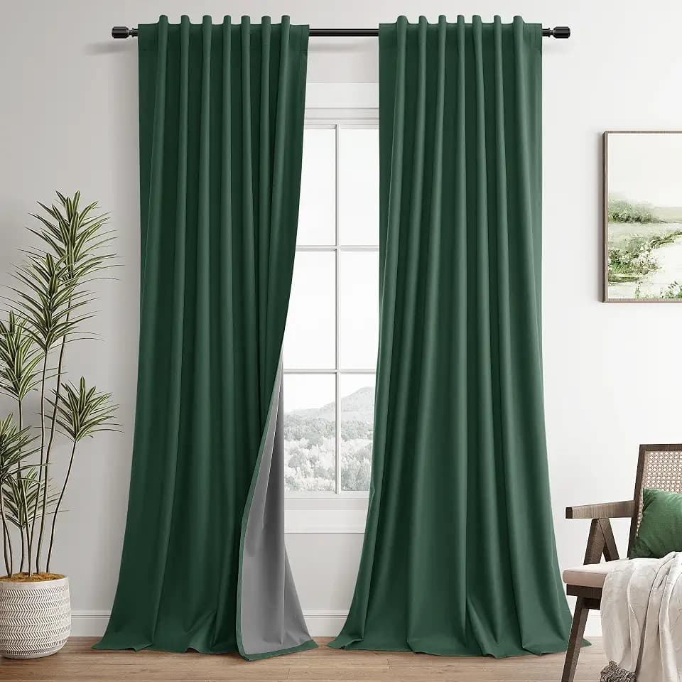 Green Linen 100% Blackout Curtains 102 Inches Long for Bedroom Back Tab Hook Belt Modern Black Out Room Darkening Thermal Insulated Soundproof Curtain Bedroom Patio Door 2 Panels Set 52x102