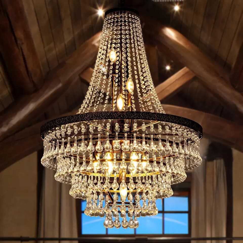 Wellmet French Empire Crystal Chandeliers, Antique Bronze Chandeliers 10 Lights, Rustic Farmhouse Chandelier High Ceiling Light Fixture for Entryway, Foyer, Dining Room, Staircase (Bronze, 28 Inches)