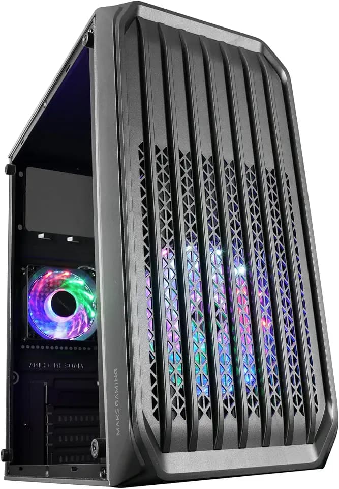 Mars Gaming MC-S2, Gehäuse PC Micro-ATX Ultra-Kompakt, Frontgitter, 2X FRGB-Lüfter, Full Side Window Gaming Gehäuse, Unterstützt Flüssigkeitskühlung bis zu 240mm, Schwarz