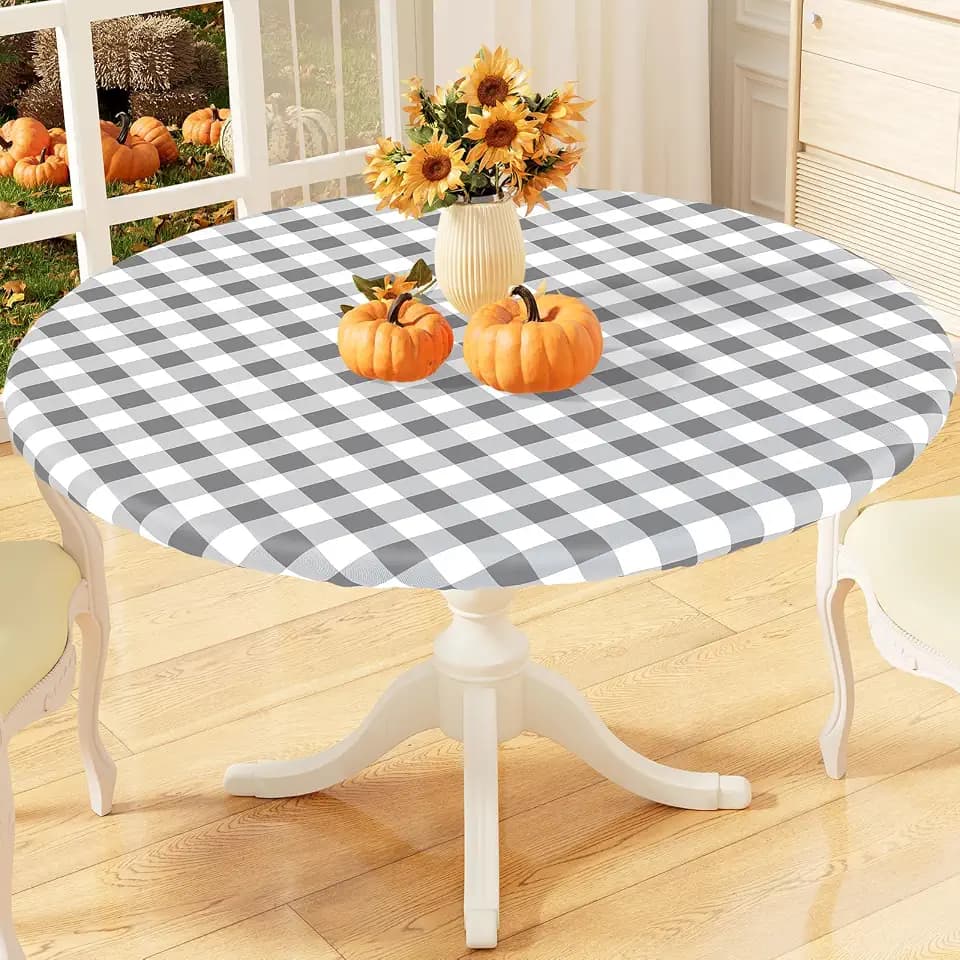 misaya Round Fitted Tablecloth with Elastic Edge, Buffalo Plaid Waterproof Vinyl Flannel Backed Table Cloth Cover Fits 45"-56" Round Tables for Dinner, Outdoor, Picnic, Grey White Check