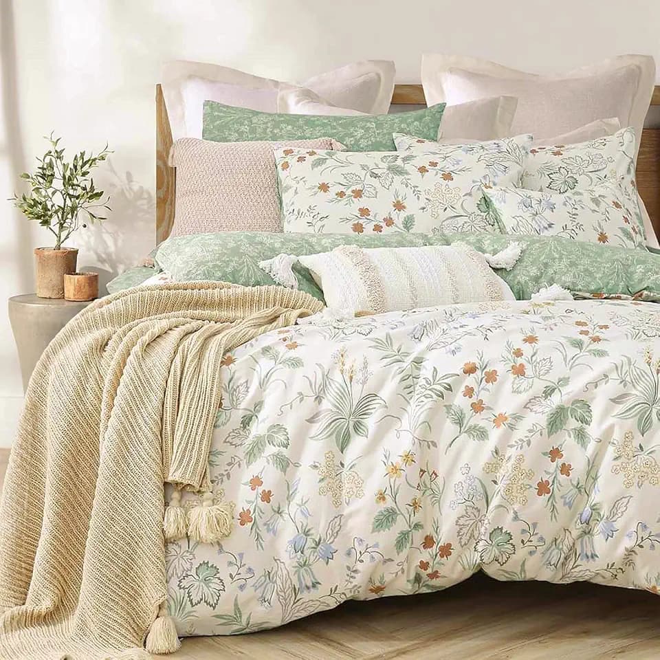 ALEISSEL Ivory & Sage Natural Floral Cotton Duvet Cover Set Twin Size 2PC