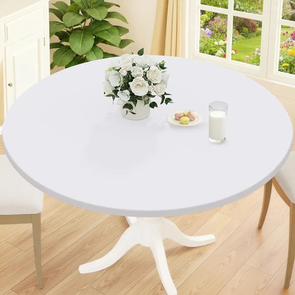 Smiry Round Picnic Tablecloth, Waterproof Elastic Fitted Table Covers for 42" - 50" Tables, Wipeable Flannel Backed Vinyl Tablecloths for Camping, Indoor, Outdoor, White