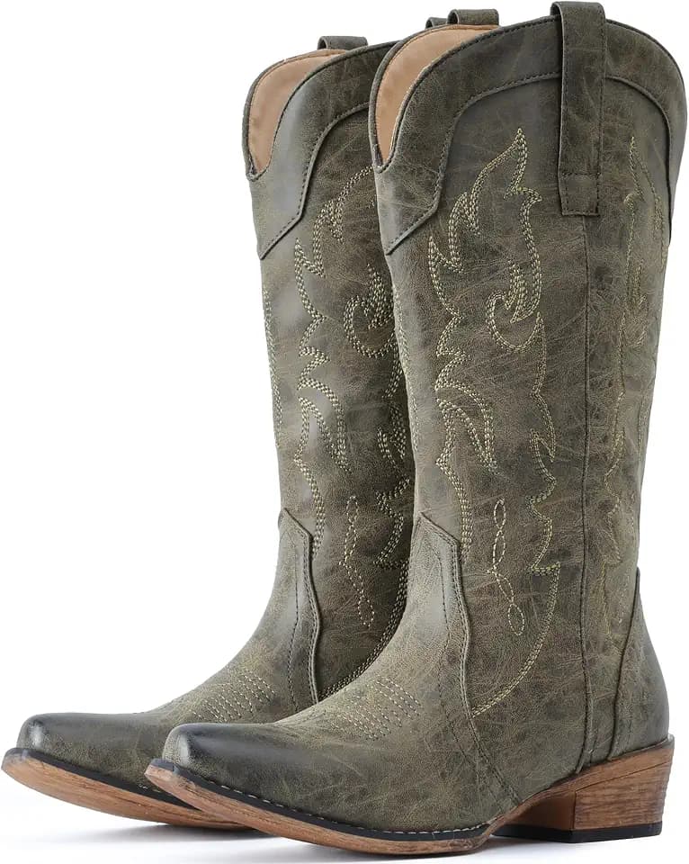 IUV Cowboy Boots for Women Mid Calf Fashion Cowgirl Boots Western Snip Toe