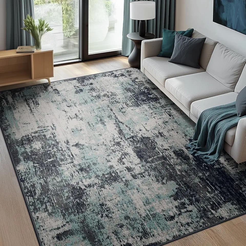 RELEANY Washable 7'x9' Abstract Area Rug for Living Room Teal Black