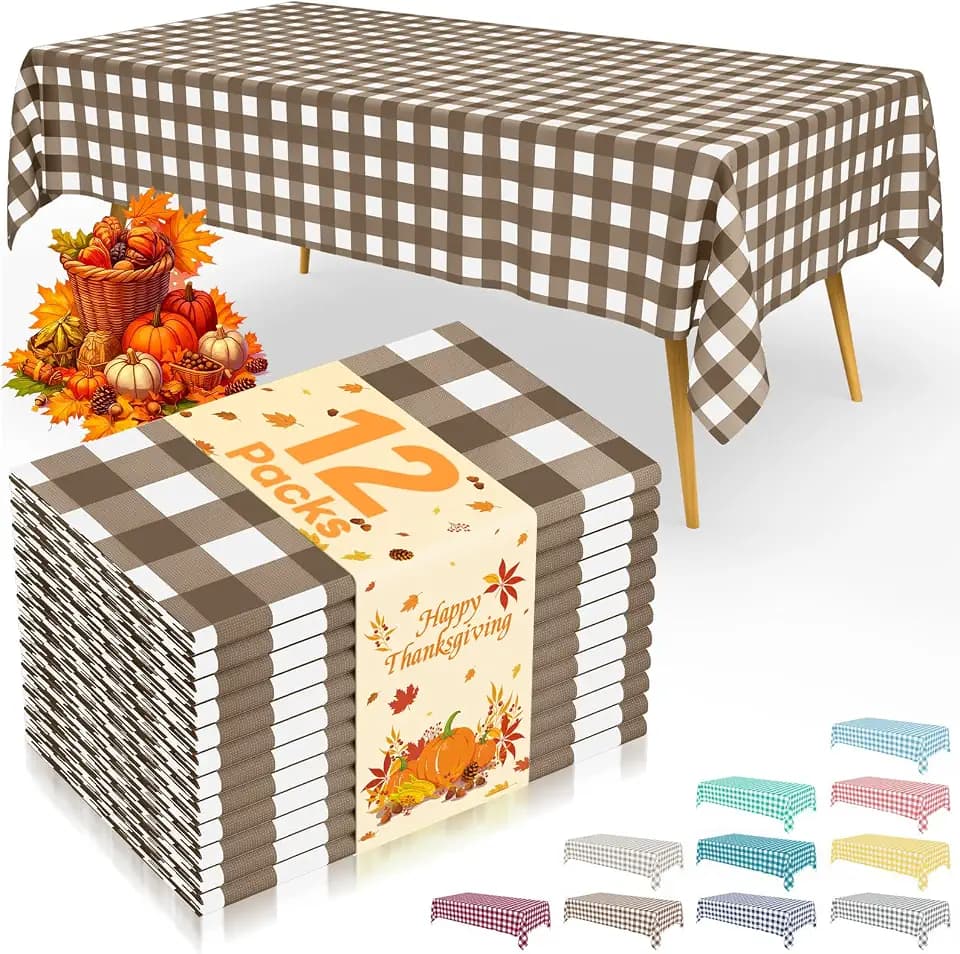 Smiry 12 Packs Gingham Disposable Table Cloth, 54 x 108 Inch Waterproof Plastic Tablecloth, Rectangle Brown and White Checkered Table Covers for Picnic, Birthday, Party