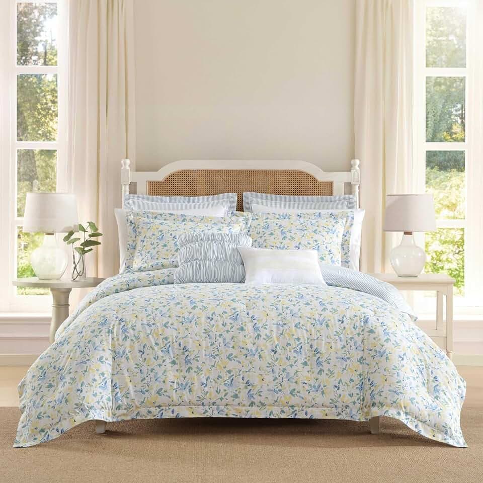 Laura Ashley – Queen Comforter Set, Cotton Bedding with Matching Shams & Bonus Decorative Pillows, Medium Weight, Floral Bedroom Decor, 7-Piece, College Dorm Room Essentials (Nora Blue)